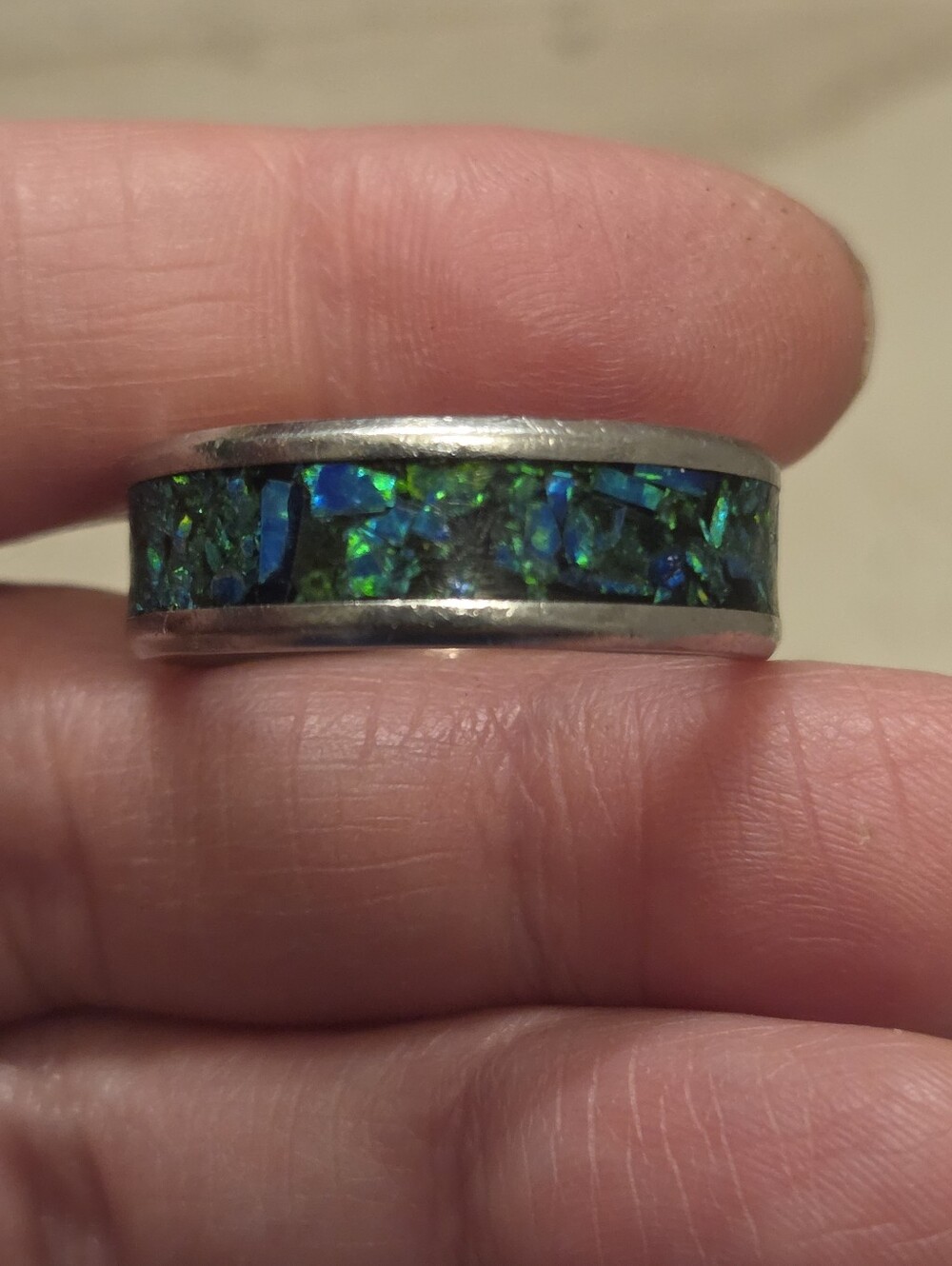 Stainless Steel Polished Finish Blue Opal Inlay Men's Ring